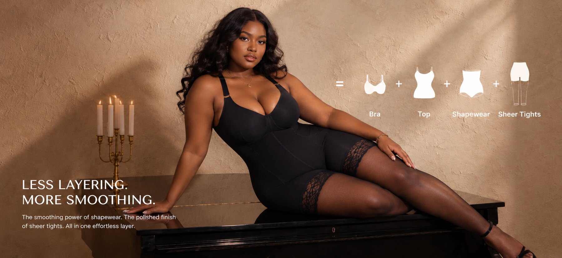 Less layering. More smoothing. Nuvora shapewear with sheer tights.